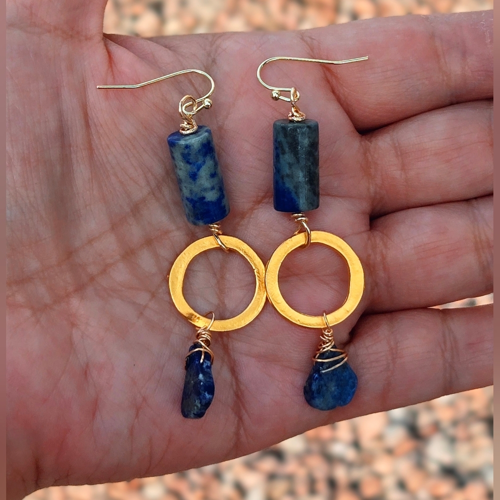 Ancient Sumerian Inspired Natural Lapis Lazuli In Hammered Gold Plated Earrings - Picture 8 of 10